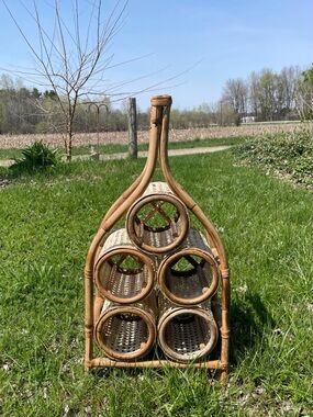 Vintage Boho Woven Bamboo Rattan 6-Bottle Wine Rack - Natural Tan
